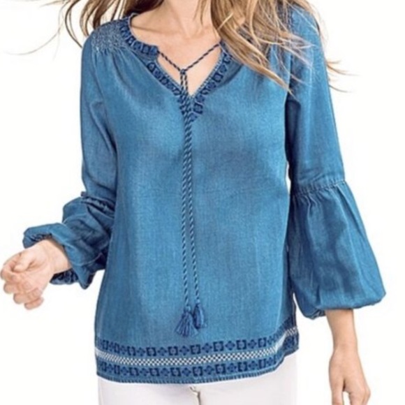 Southern Tide Tops - Southern Tide Brinkley Blouse Chambray Tassels Ruffle Sleeve Sz M NWT Great Gift